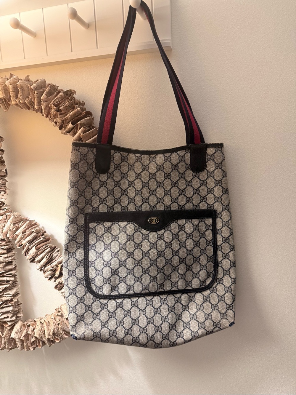 Gucci Beige GG Canvas Tote with Pink and Red Striped Straps